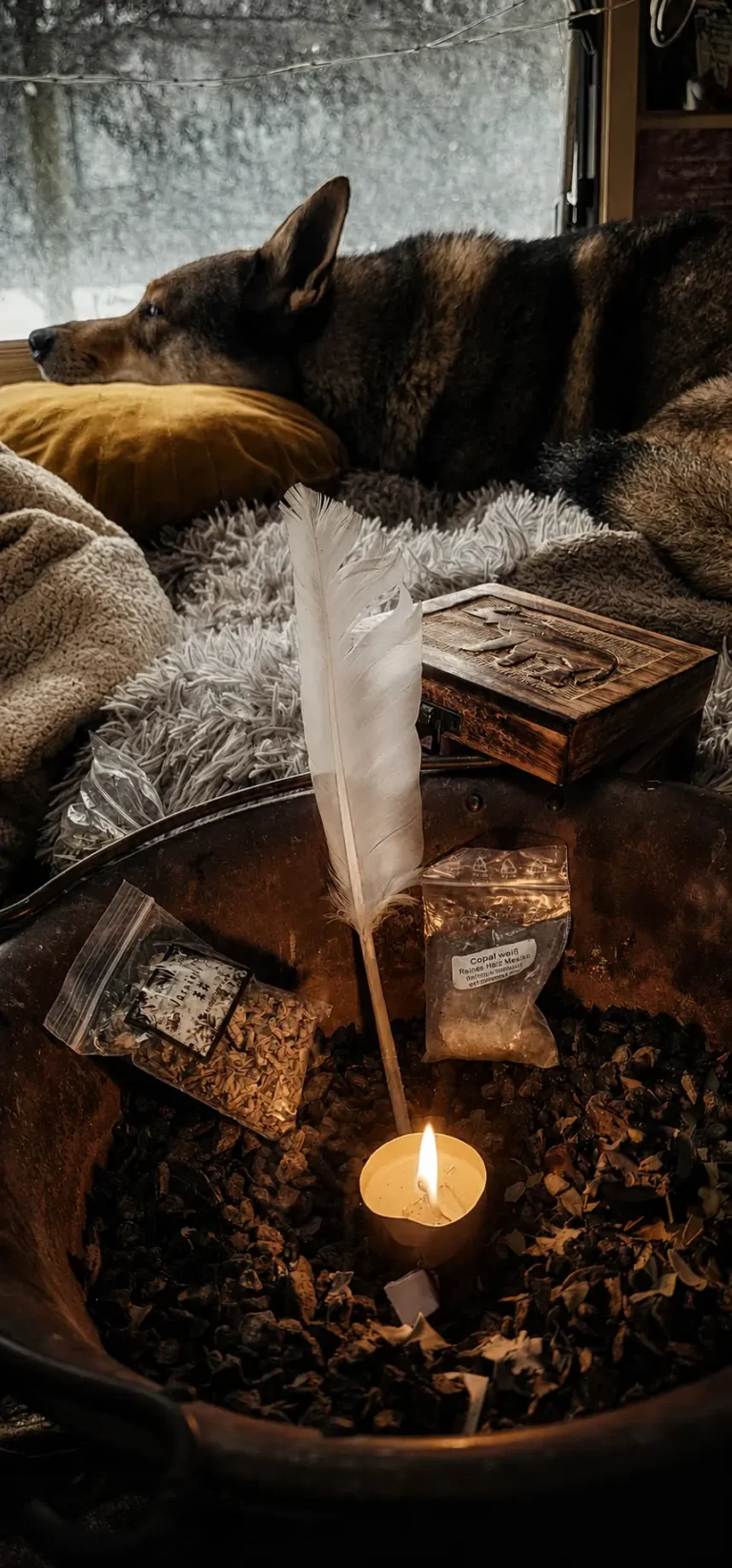 Wolfhund Archer ruht neben den Raunächte-Ritualmaterialien