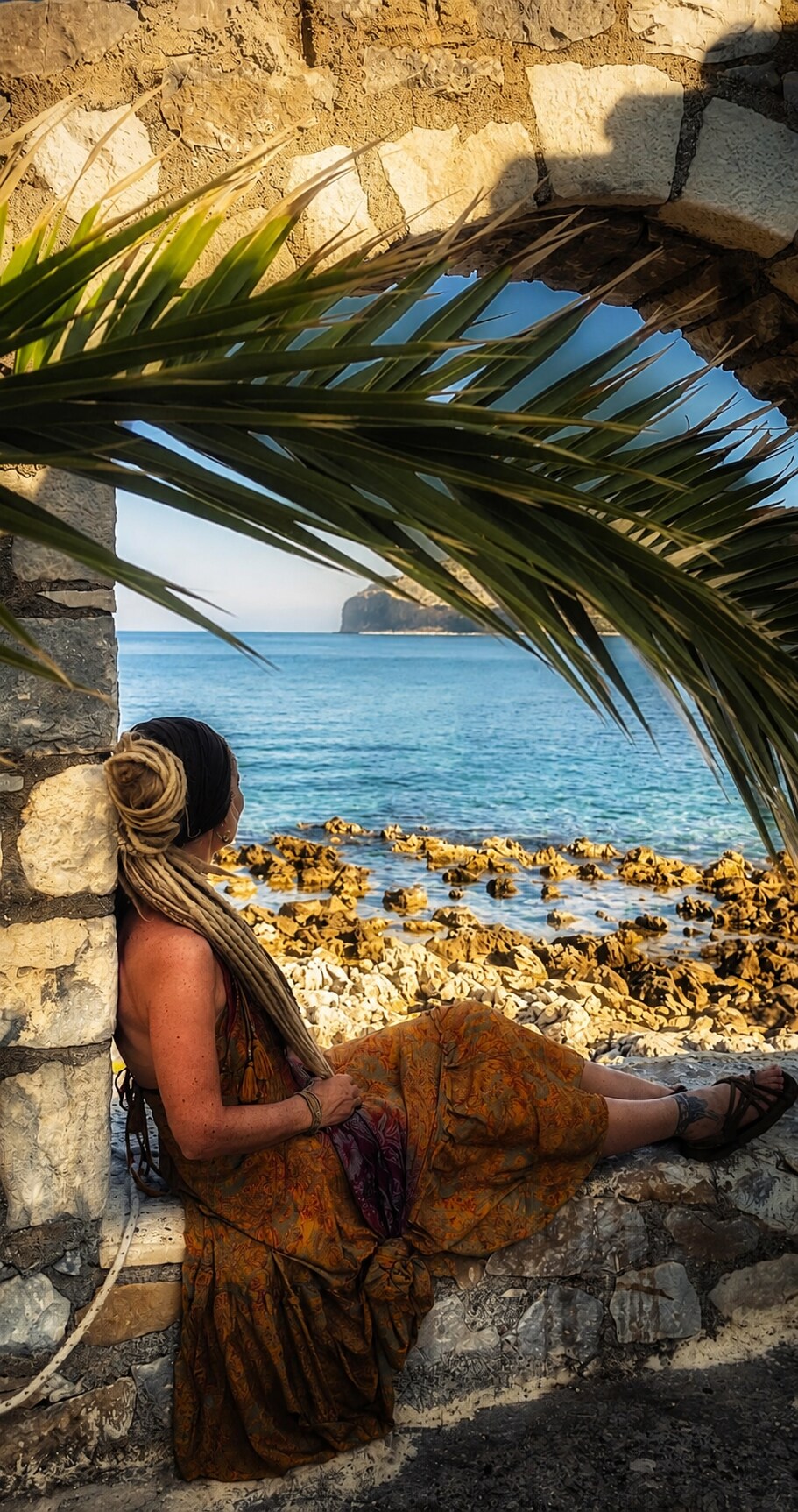 Nirmala am Meer unter Palmen in Südfrankreich