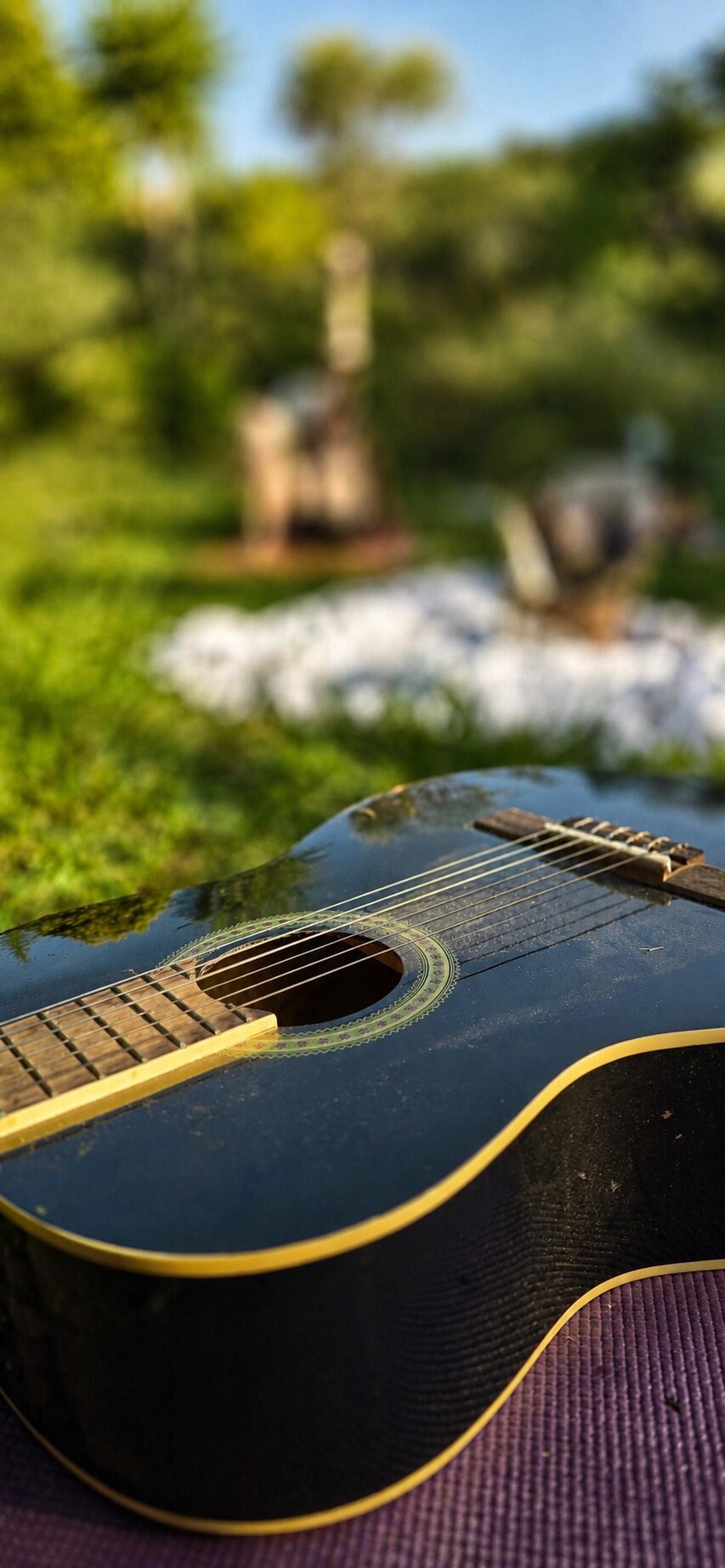 Gitarre als Teil eines Yoga-Retreats im Grünen