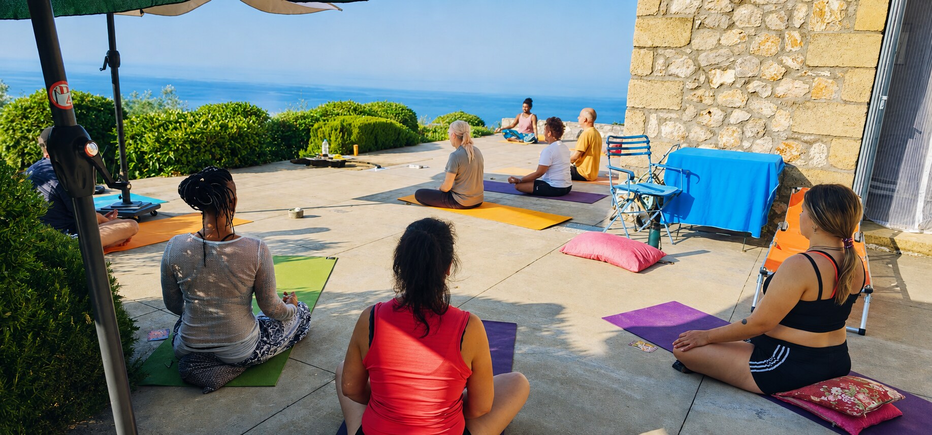 Gemeinsame Meditation auf der Sonnenterrasse mit Blick aufs Meer