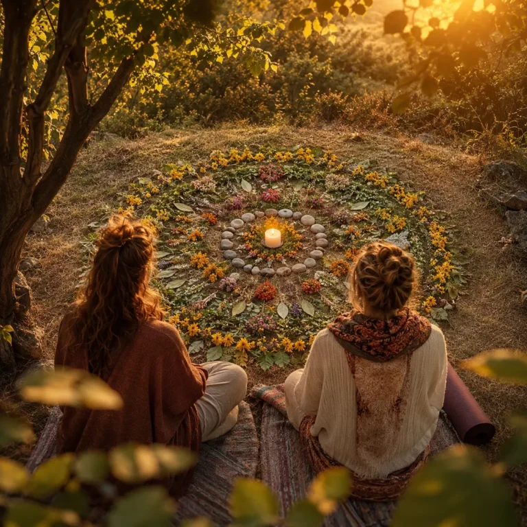 Gemeinsames Jahreskreis-Ritual mit Blumenmandala in der Natur