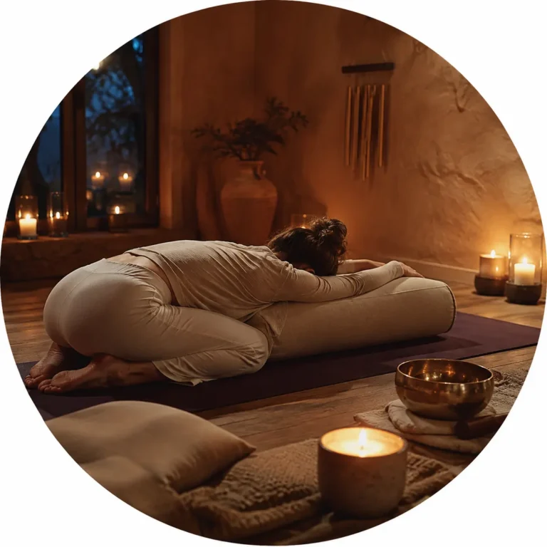 Yin Yoga mit Klangschale in warmer, kerzenbeleuchteter Atmosphäre