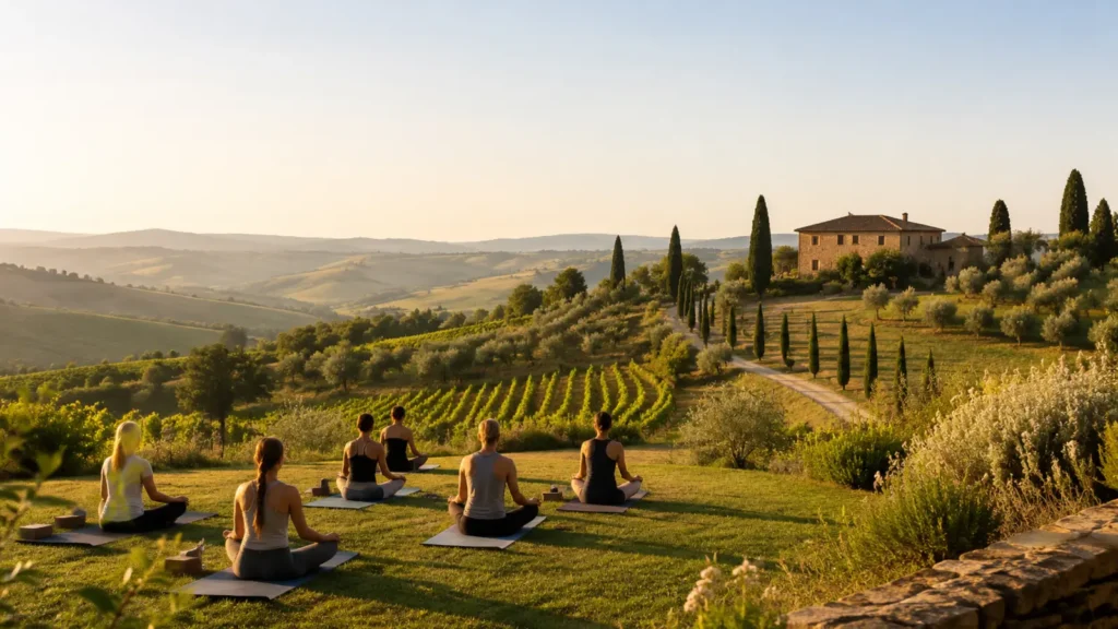 Fiktives Testbild: Yoga am Morgen in der Hügellandschaft der Toskana