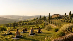 Fiktives Testbild: Yoga am Morgen in der Hügellandschaft der Toskana