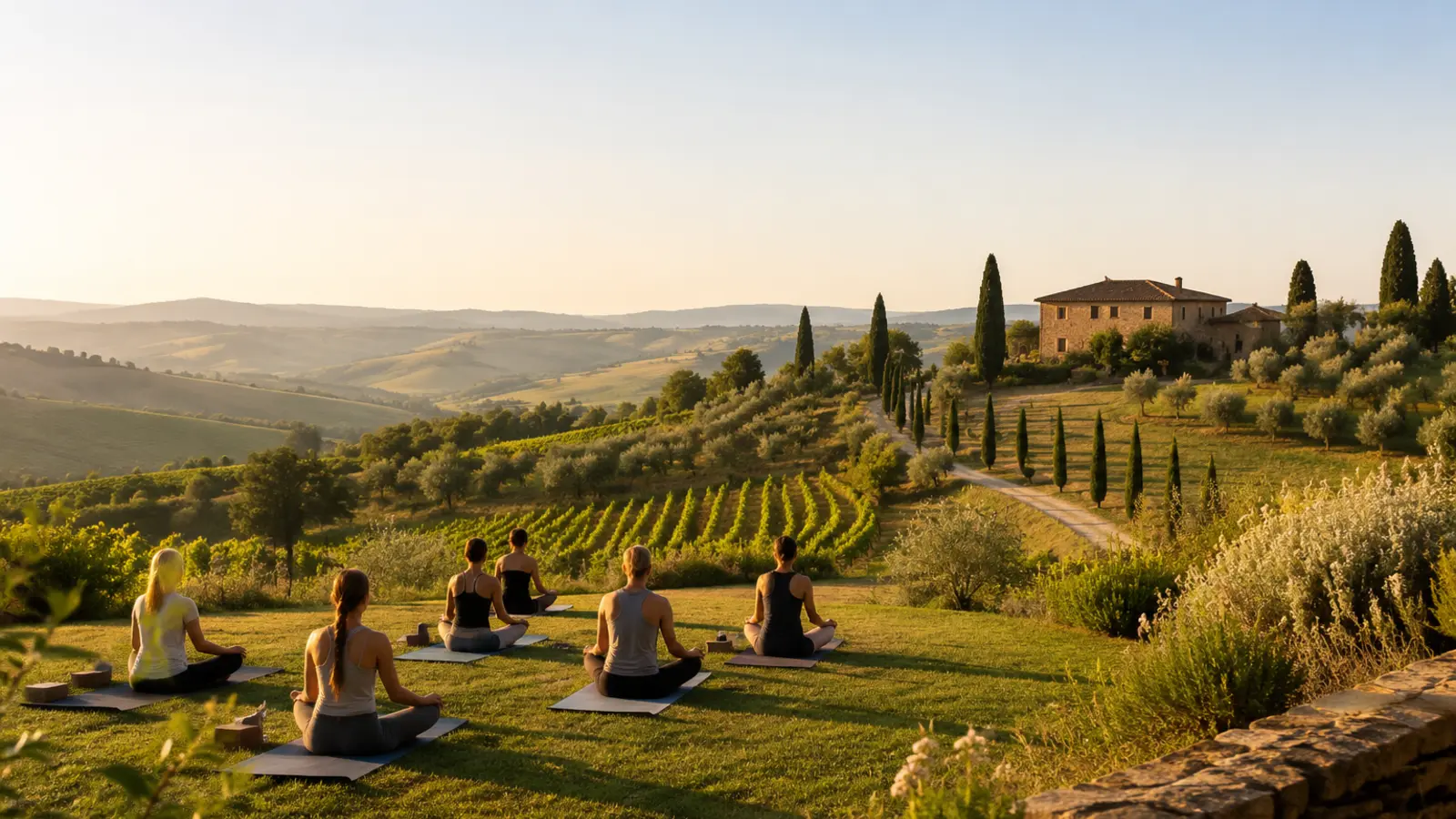 Fiktives Testbild: Yoga am Morgen in der Hügellandschaft der Toskana